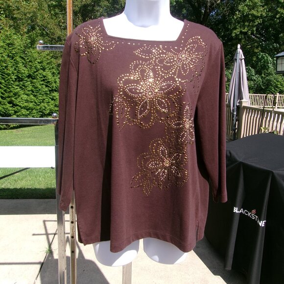 ALFRED DUNNER BROWN&GOLD STUD FLORAL TOP L - Picture 1 of 1